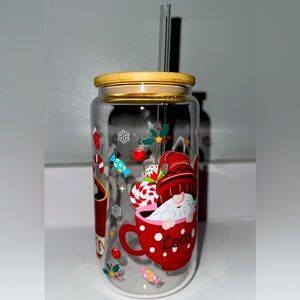 Festive Santa Glass Tumbler with Straw